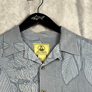 Joe Marlin XL Blue Gray Island Print Silk Shirt Short Sleeve